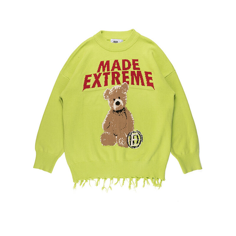 Hiphopowy sweter wzór niedźwiedzia sweter z okrągłym dekoltem jesienno-zimowa moda para dzianina mężczyźni kobiety Hem Tassel luźny pulower z dzianiny
