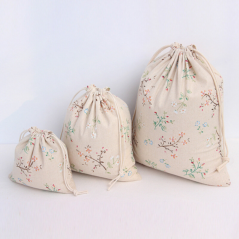Literacka bawełniana pościel torba ze sznurkiem Vintage kwiat roślina kawa prezent opakowanie cukierków torby kobiety etui podróżne przechowywanie monety kiesa