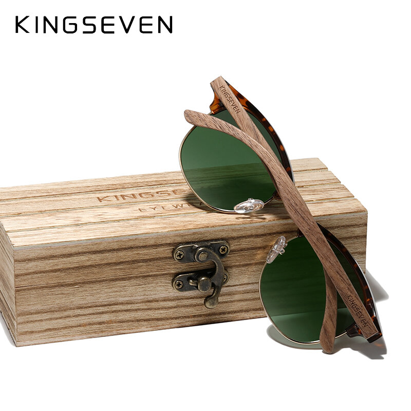 Kingsevenレトロファッションスタイル手作り黒クルミ木製サングラス男性女性100% 偏光UV400レンズ半リムレス眼鏡