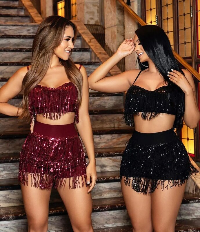Sequined Tassel Women Sexy Two Piece Set Solid Color Club Outfits for Women 2021 New Matching Suits Vest + Shorts