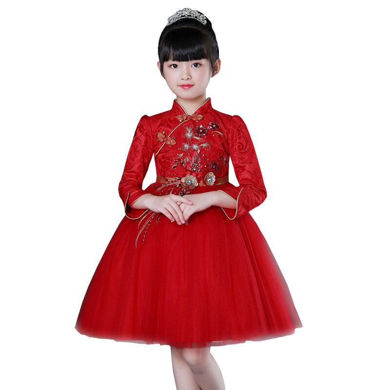 Gaun Pesta Ulang Tahun Anak Perempuan Anak-anak Indah Gaya Cina Gaun Cheongsam Gadis Kecil Bunga Musim Gugur Lengan Panjang Merah Balita
