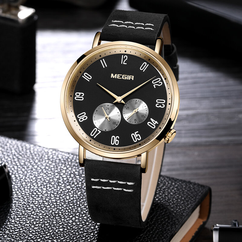 럭셔리 브랜드 MEGIR 남자 골드 블랙 시계 가죽 크리 에이 티브 다이얼 쿼츠 시계 남성 24 시간 표시 방수 날짜 손목 시계