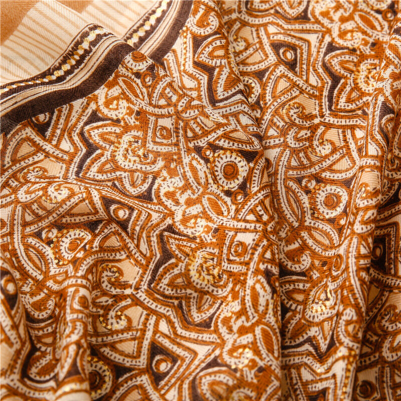 Bufanda de lino y algodón con borlas de diseño para mujer, chal de viaje con estampado de espiga, estampado a cuadros bronceados, color dorado