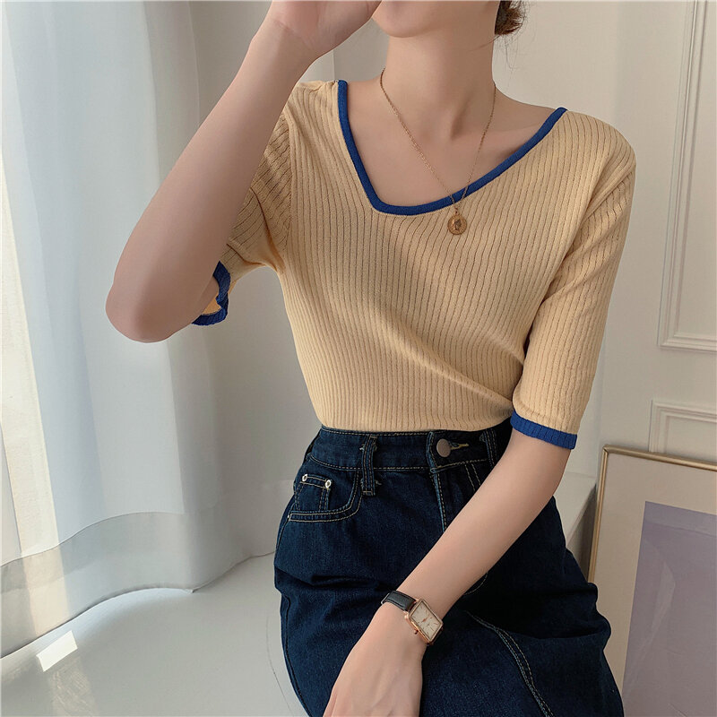 CMAZ Two Versions 2021 new loose Knitted T-shirt Women Korean design Half Sleeve Irregular Neck Ins Fashion Tops Female 932#