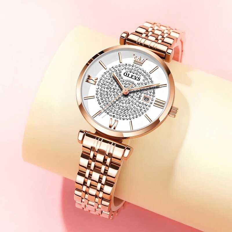 Mode Iced Out Vrouwen Horloges Luxe Rose Goud Diamanten Dameshorloge Kalender Waterdicht Roestvrij Staal Quartz Horloges