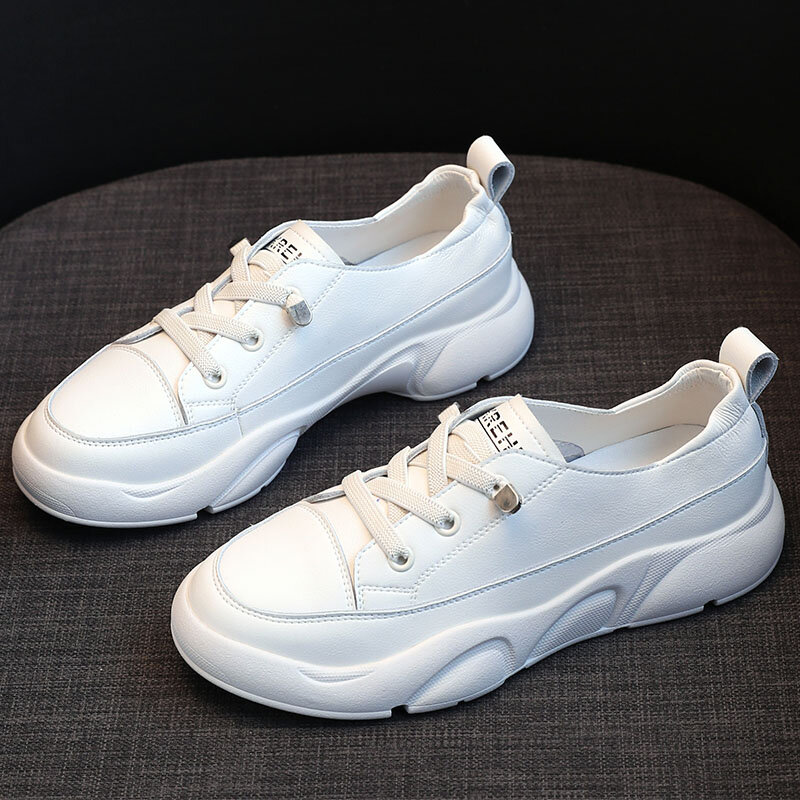 Zapatos vulcanizados para mujer, zapatillas de plataforma de cuero genuino, blancas, informales, transpirables, zapatillas gruesas