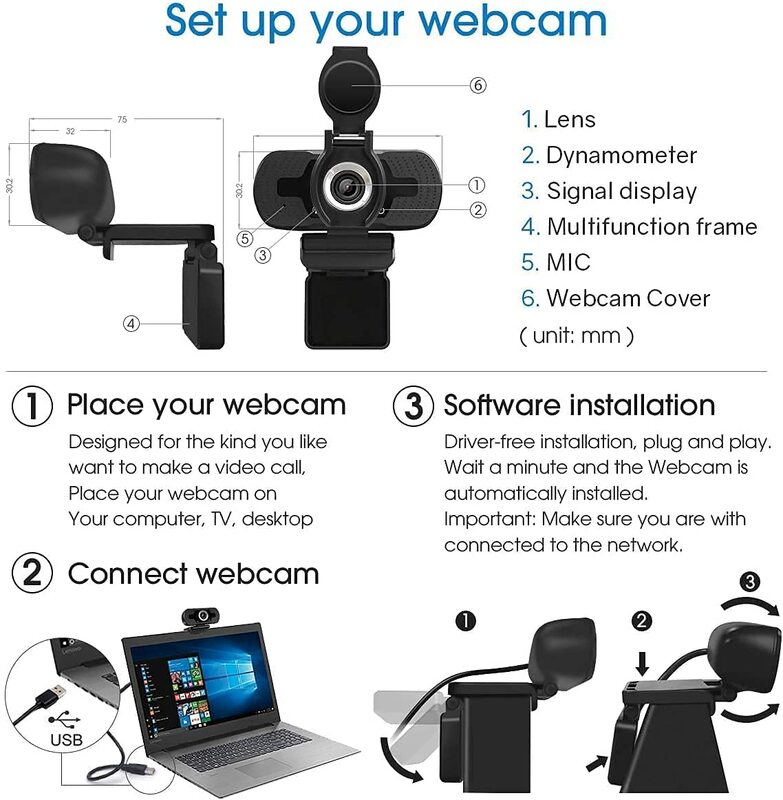 كاميرا ويب LarmTek 1080p عالية الدقة ، كمبيوتر محمول كمبيوتر ماك كاميرا سطح المكتب للمؤتمرات ومكالمات الفيديو ، كاميرا ويب برو ستريم مع قابس
