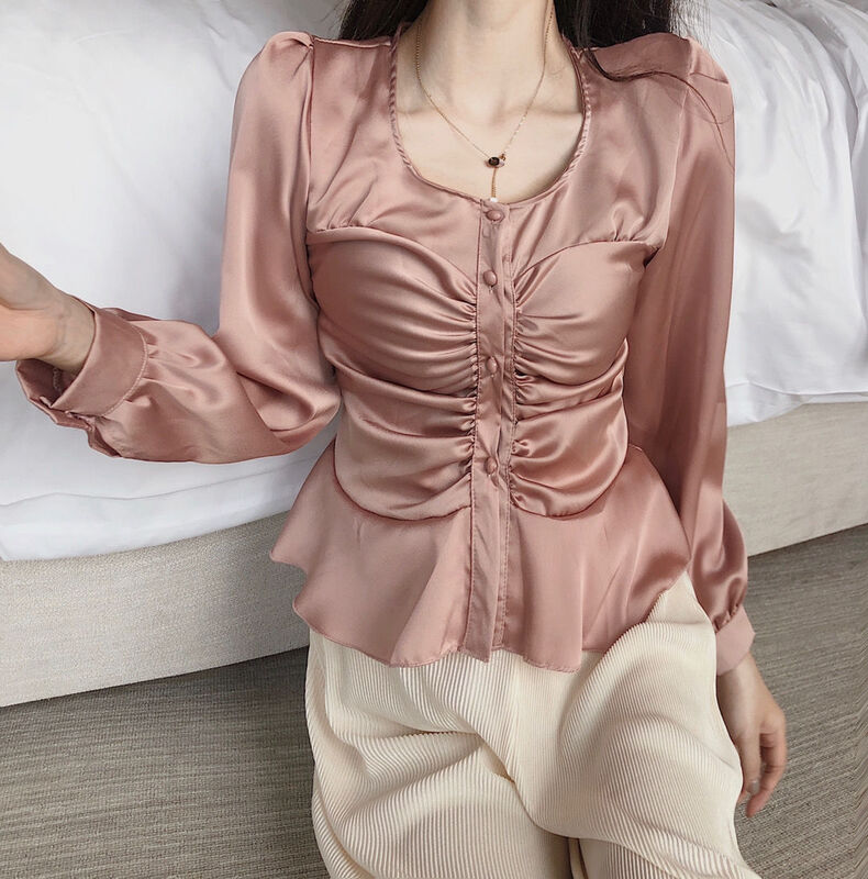 Chemise à col en v de style palais coréen pour femmes, haut slim à taille fine, à manches bulles, automne, printemps, 2021
