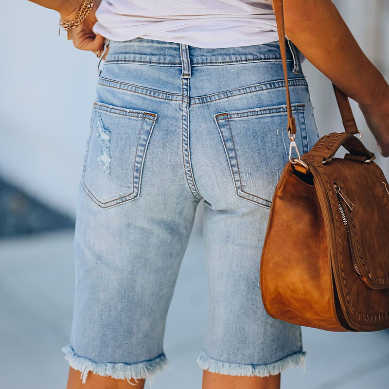 DIFIUPA Jeans Panjang Lutut Wanita Celana Pendek Denim Ketat Pinggang Tengah Vantage Celana Pendek Sobek Wanita Denim Regang Tinggi dengan Rumbai