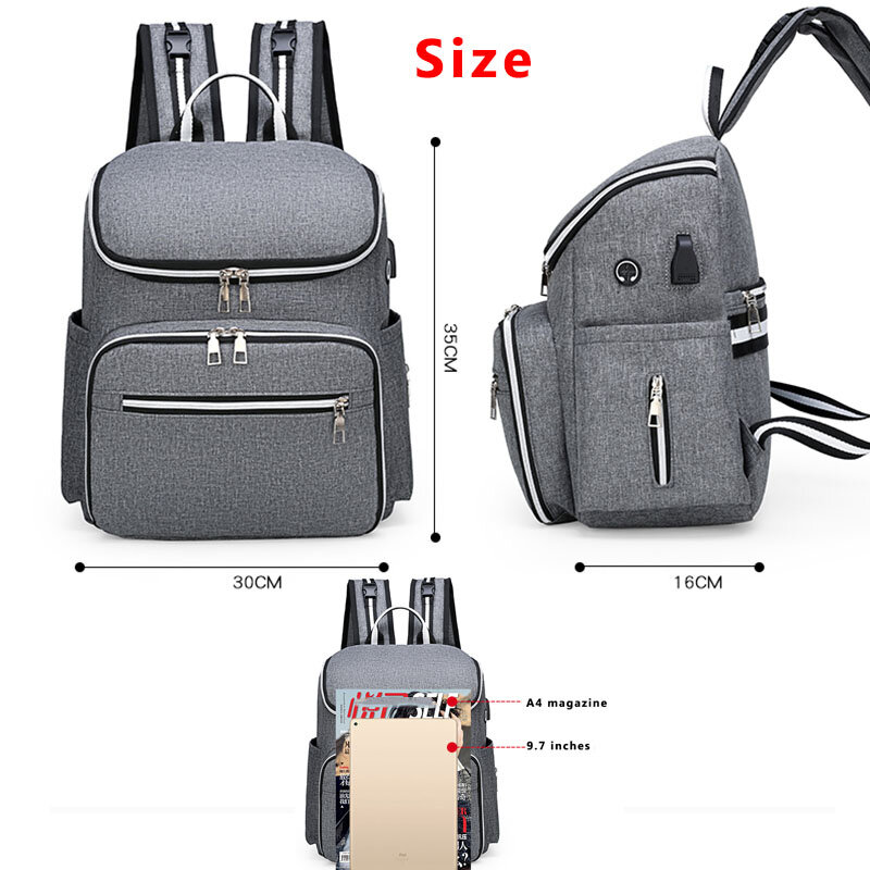 LEQUEEN-기저귀 가방, USB 엄마 출산 가방, 대형 패션, 간호, 여행 배낭, 유모차, 베이비 케어 기저귀 배낭