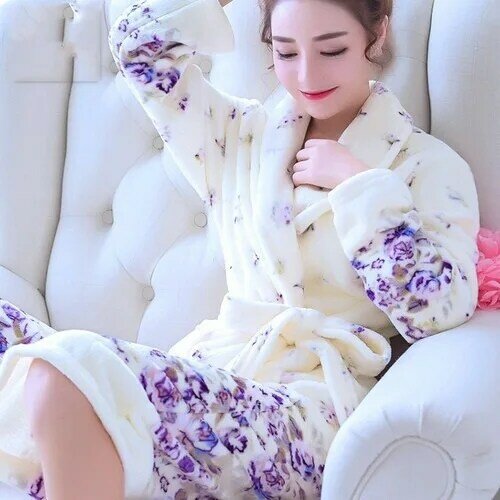 Albornoz tipo Kimono para mujer, ropa de dormir cálida de lana Coral, pijamas florales