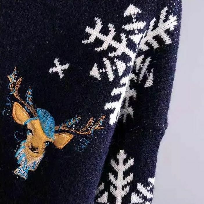 Zimowy sweter damski plus rozmiar haftowany łoś nowy modny sweter gruby luźna dzianina śnieżynka czerwony sweter świąteczny sweter