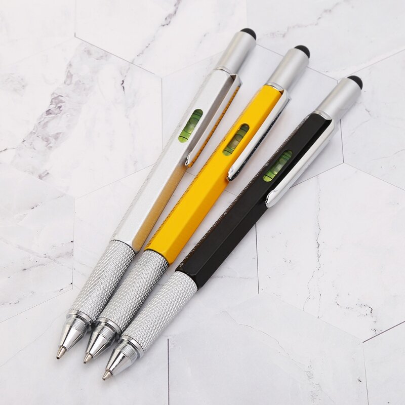 Металлическая ручка 6 в 1, многофункциональный инструмент, шариковая ручка, отвертка, линейка, спиртовой уровень