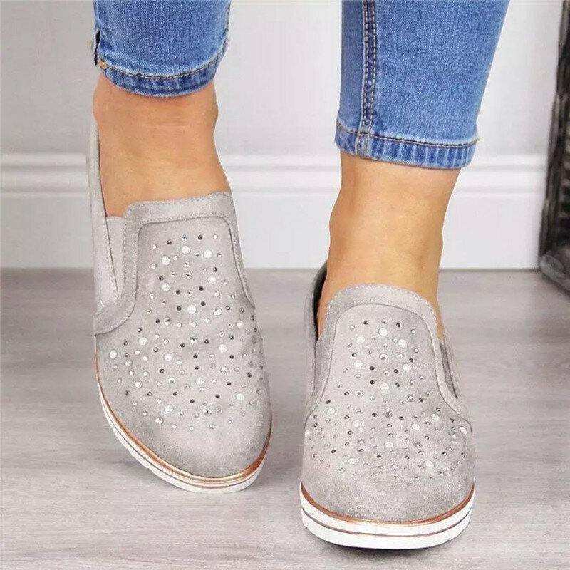 Hot wedges shoes for women Cow Suede New Bling Autumn shoes woman Fashion Slip-On Round Toe casual flat shoes comfortable flats