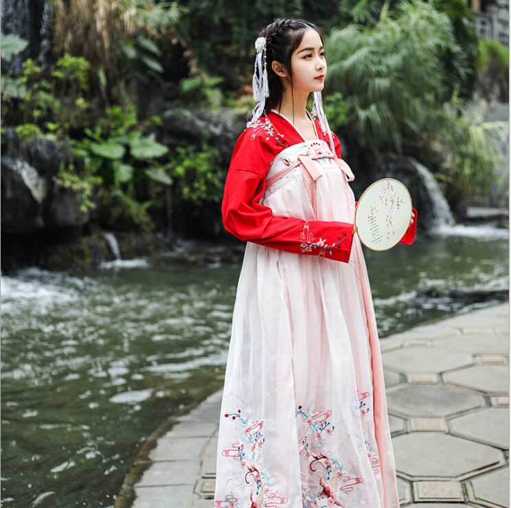 Traje mejorado Hanfu para mujer en el pecho estilo chino elementos chinos koi fish bordado diario elegante fresco y elegante