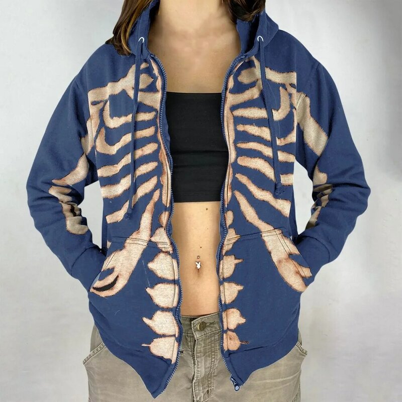 Y2K Goth z nadrukiem szkieletu jesienne zimowe bluzy damskie Zipper Up bluza w stylu Harajuku gotyckie ubrania kurtka luźna kurtka z kapturem