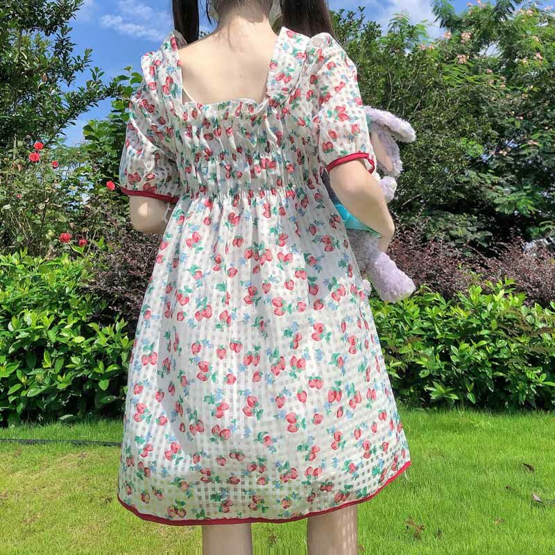 Gaun Wanita Gaya Jepang Manis Kawaii Elegan Longgar Cetakan Bunga 2021 Gaun Longgar A-Line Lengan Puff Kerah Gaya Kuliah