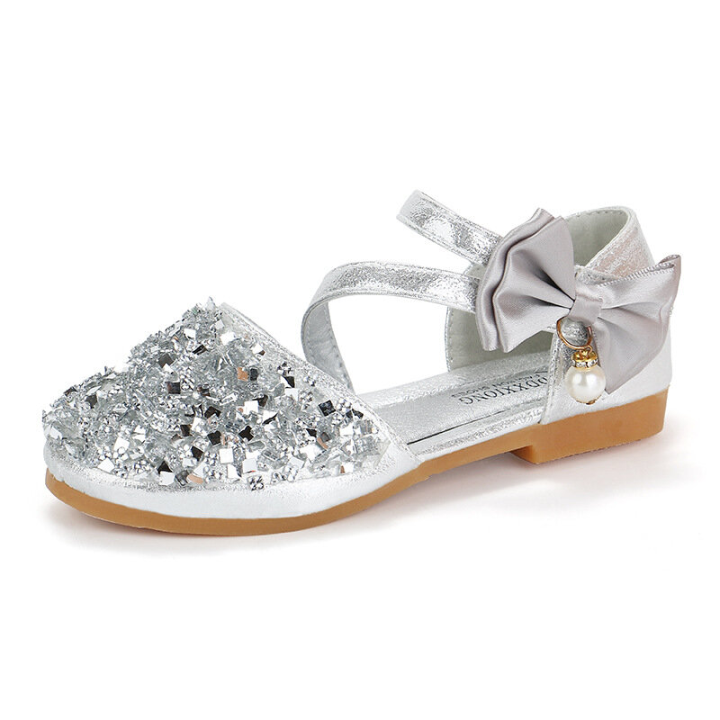 春の新子供の革の靴の王女フラットヒールパーティーの靴のファッションスパンコール弓真珠のための