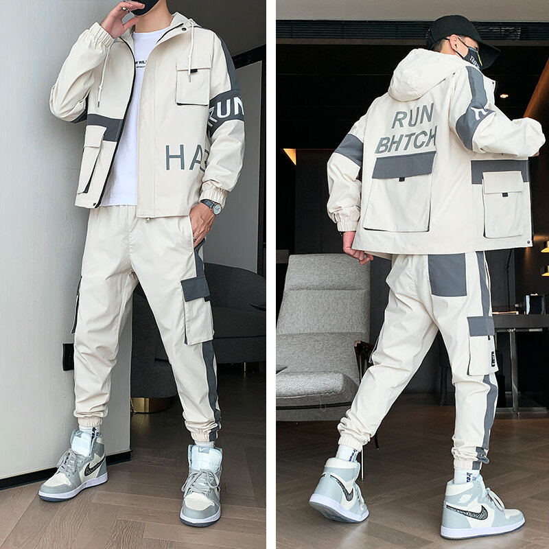 남자의 두건이 된 Tracksuit 2021 아주 새로운 Streetwear 패치 워크 남자의 세트 2 조각 재킷 + 바지 캐주얼 스포츠 한 벌 플러스 크기 8XL