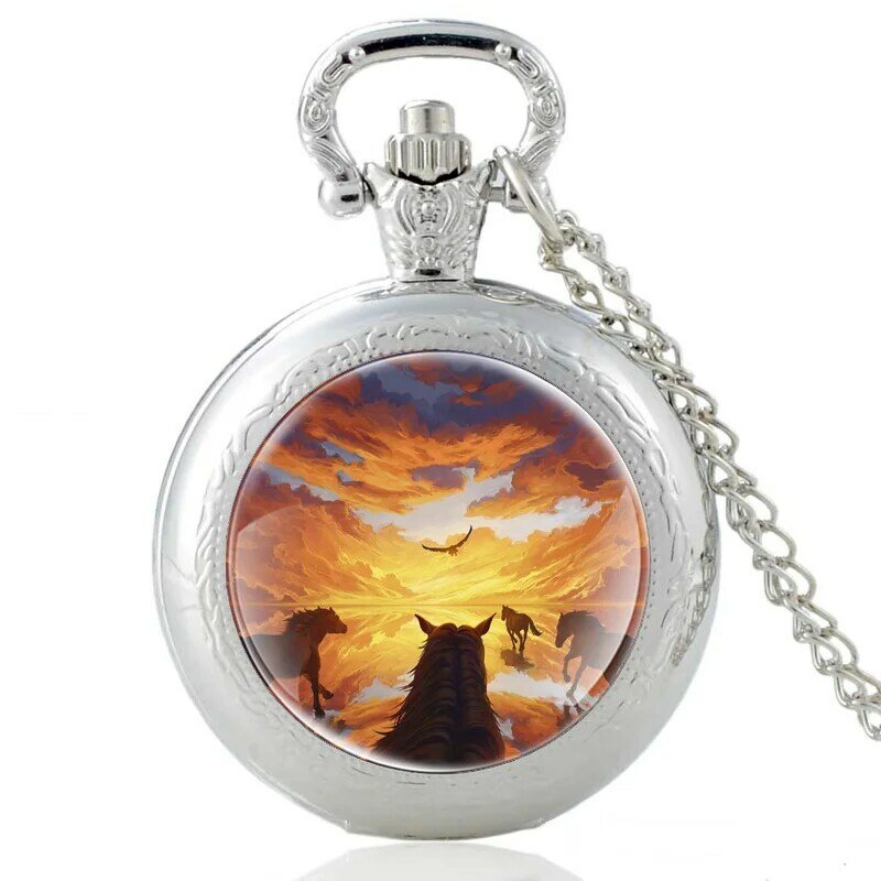 Vintage Men Women Quartz Pocket Watch Horse And Eagle Pendant Necklace Watches Jewelry Gifts