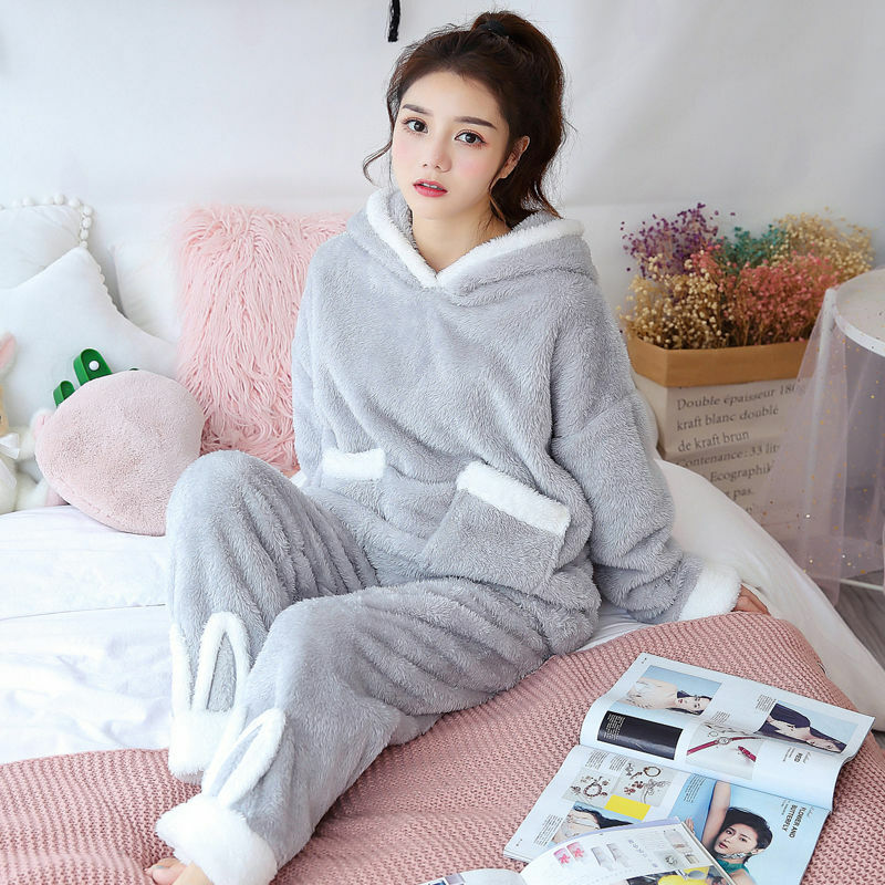 Conjunto de pijamas femininos de inverno, 2 peças, mangas compridas, pijama quente, macia, dormir, roupa de casa feminina fofa de animal