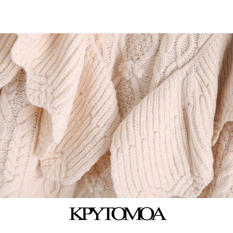 KPYTOMOA Women 2021 Fashion Ruffled Cropped Knitted Sweater Vintage High Neck Lantern Sleeve Female Pullovers Chic Tops