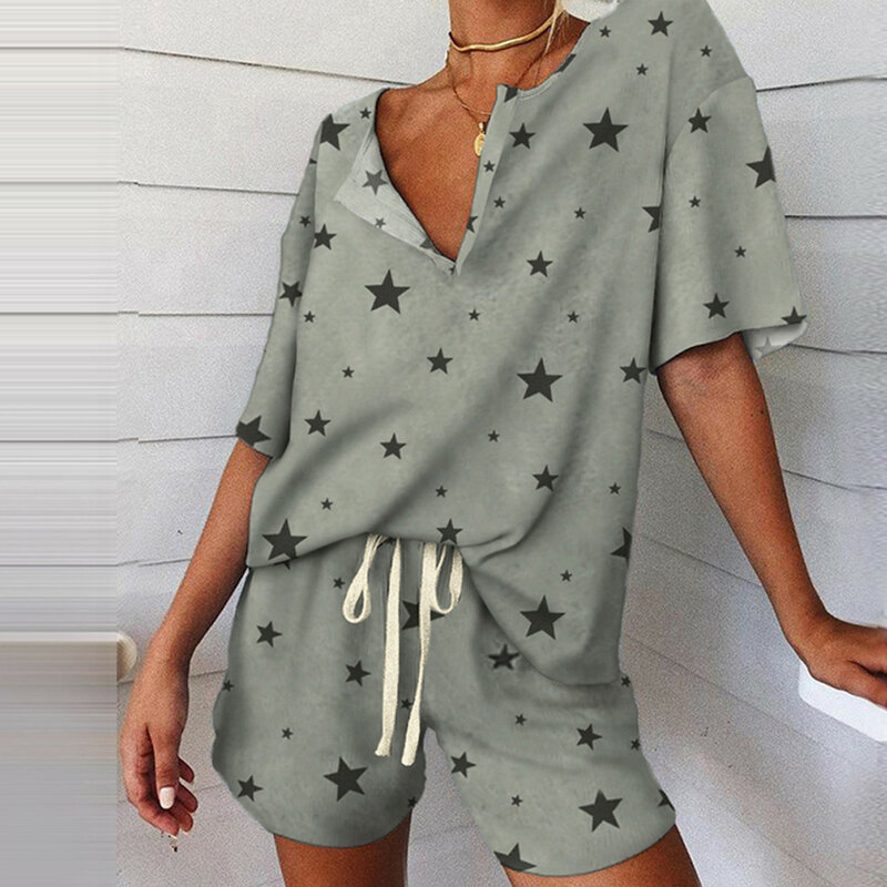 แฟชั่นฤดูร้อนผู้หญิงชุดนอนVคอสั้นเสื้อแขนพิมพ์Splicingชุดนอนชุดนอนชุดสำหรับเสื้อผ้าผู้หญิง