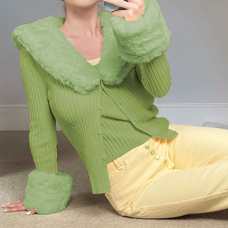 IAMSURE ขนสัตว์สีเขียวเปิด Cardigan ปุ่มสุภาพสตรีเสื้อกันหนาว Cropped เสื้อ V คอ Crop Top ผู้หญิง2020ฤดูหนาวเกาหลี