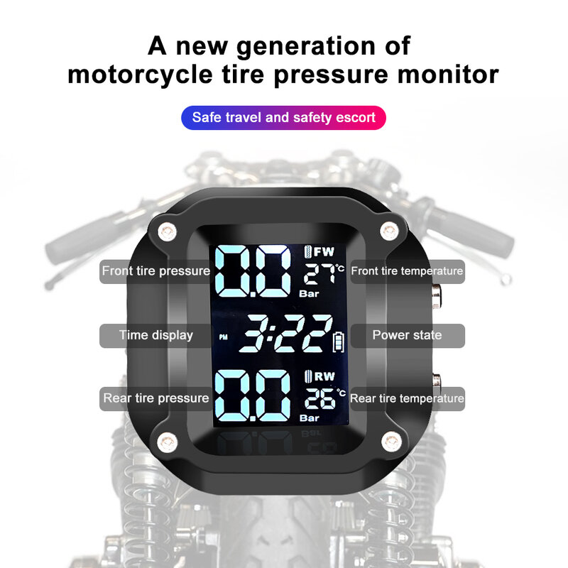 Motocicleta tpms pressão dos pneus do motor sistema de alarme monitoramento temperatura usb carregamento solar motos com 2 sensores externos