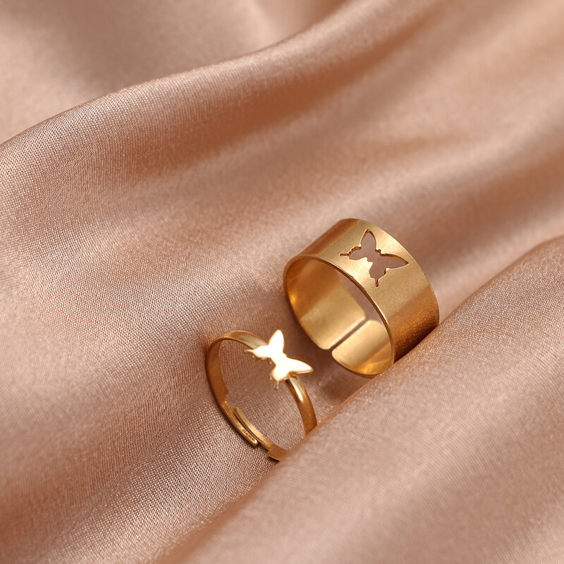 Cor de prata anéis de borboleta para mulheres masculino amante casal anel conjunto amizade noivado casamento banda anel aberto 2021 tendência jóias