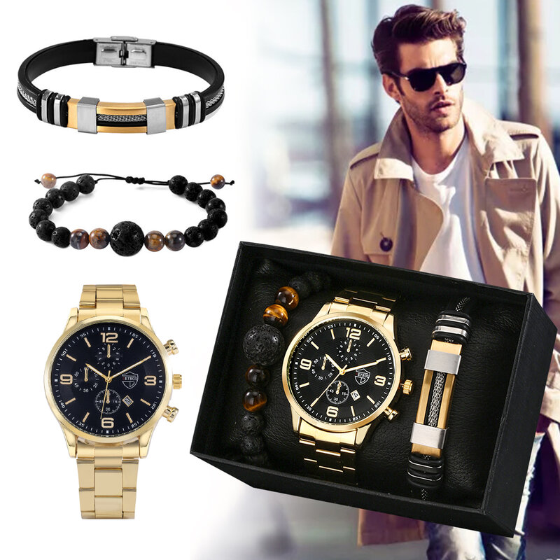 Relógio masculino pulseira conjunto com caixa de liga banda relógios de quartzo presente para homem casual negócios luxo calendário relógio de pulso reloj hombre