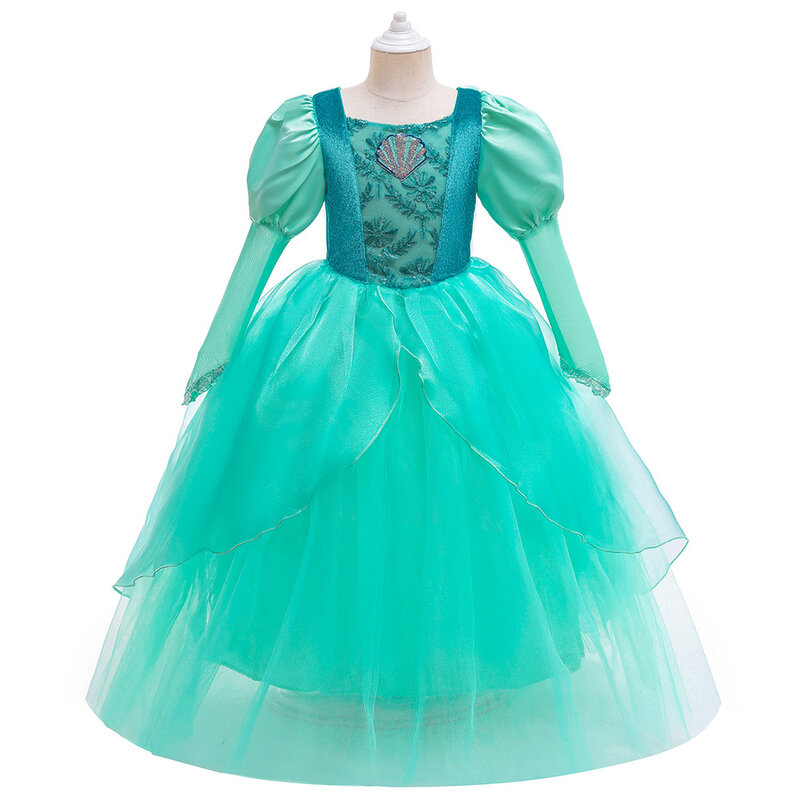Ball Gown Long Green Ballgown  Party Dress Children Clothing Kids Halloween Cosplay Costume Tulle  Flower Party Gowns