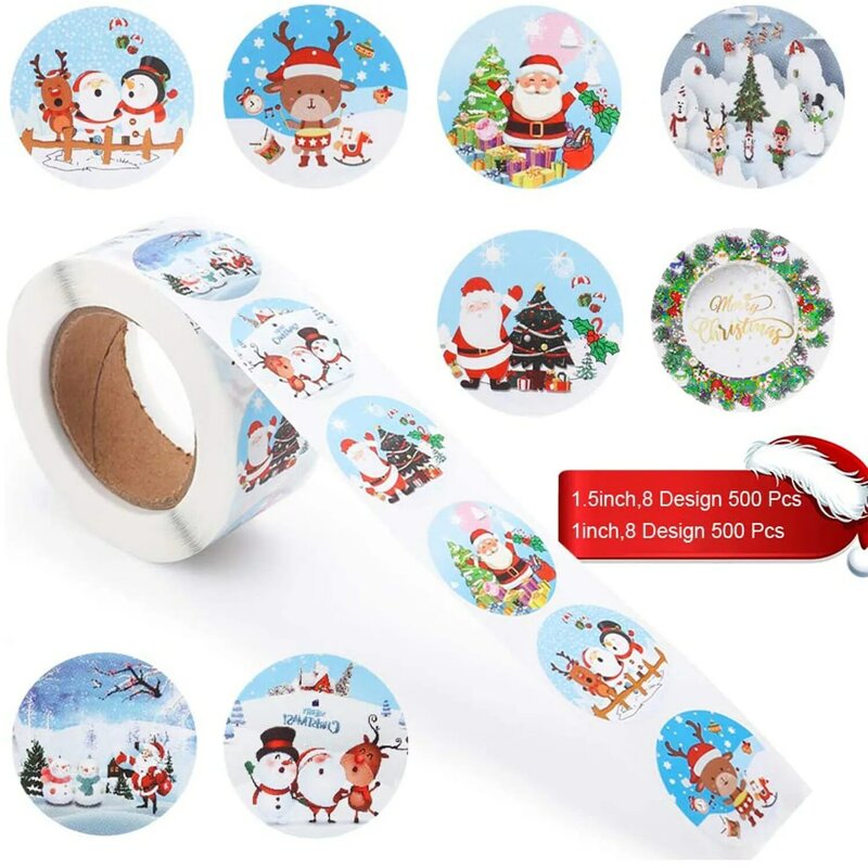 500PCS/Roll Merry Christmas Stickers Round Holidays Stickers Labels for Xmas Thank you Greeting Cards Sealing Gift Decor Sticker