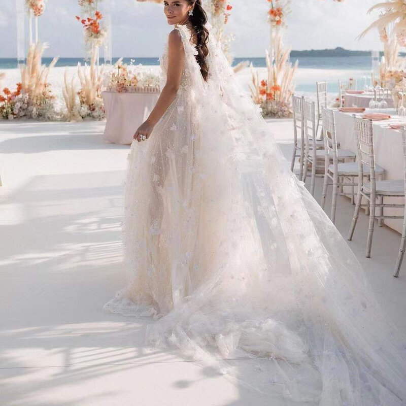 Женское пляжное свадебное платье, белое кружевное блестящее платье в стиле бохо с V-образным вырезом и блестками, с разрезом и цветочным принтом