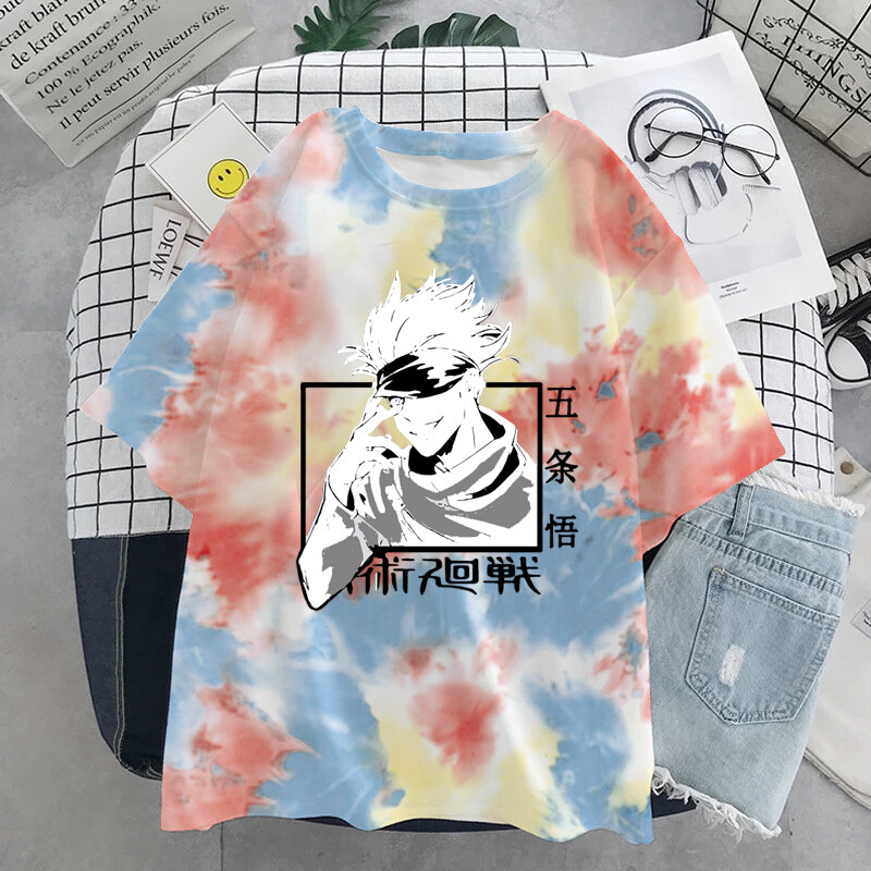 Jutsu-Tシャツ,半袖,ラウンドカラー,カジュアル,タイダイ,アニメ,ファッション