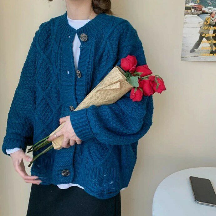 Musim Semi Korea 2021 Baru Angin Longgar Sederhana Padat Leher Bulat Sweter Lengan Panjang Breasted Tunggal Serbaguna Pakaian Wanita