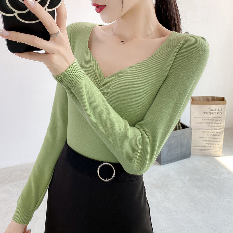 Autumn and Winter 2020 New V-neck Pullover Sweater Female Slim Fit Skinny Inner Match Short All-Match Long Sleeve Bottoming