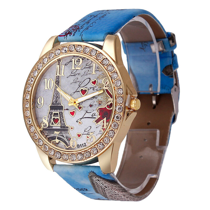 Relógio retro criativo com pulseira de diamante, relógio analógico de quartzo com pulseira de couro para casal com padrão da torre do amor