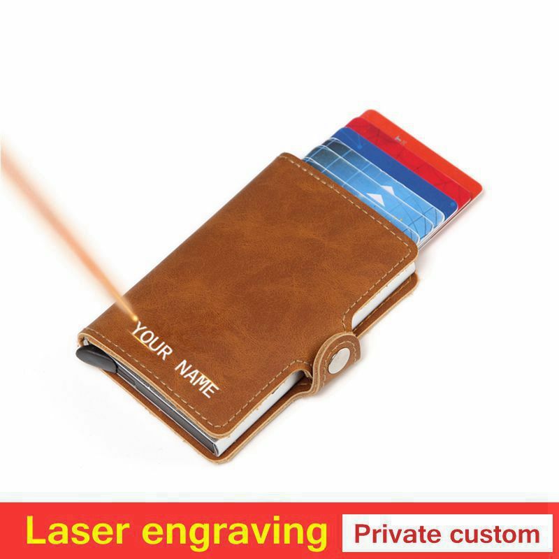 Grawerowanie laserowe mężczyźni szalona skóra konia portfel aluminiowa kieszeń RFID mini etui z miejscem na karty blokowanie automatyczne pop up torebka