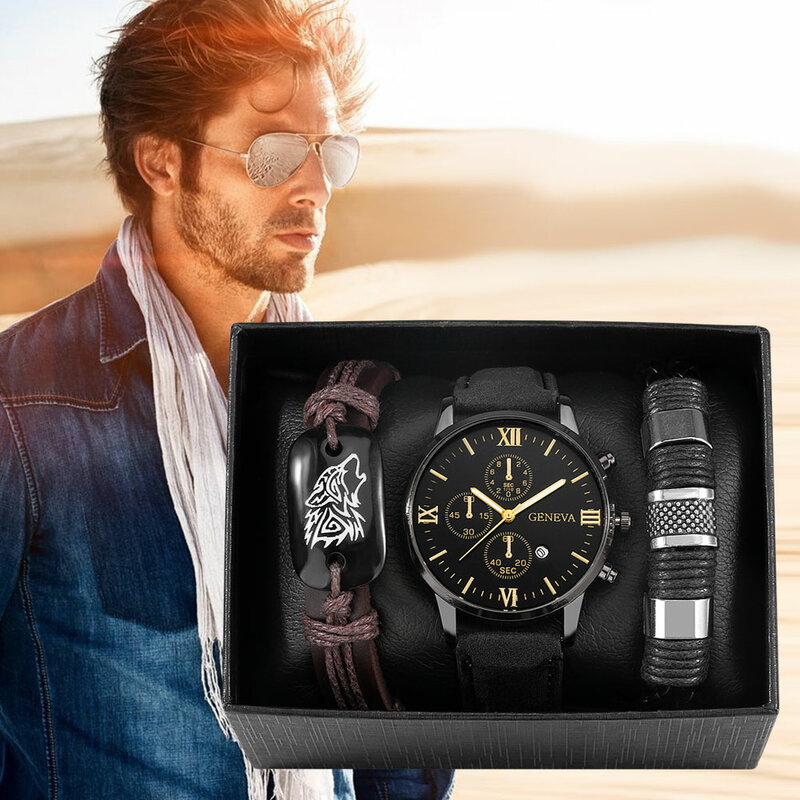 Geneva-Reloj de pulsera de cuarzo con correa de cuero para Hombre, cronógrafo informal de negocios, con esfera negra de lujo, conjunto de regalo
