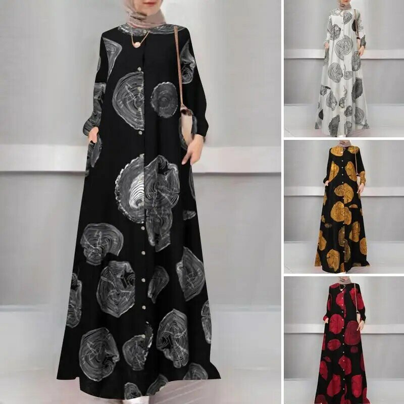 ZANZEA Gaun Wanita Maxi Panjang Kasual Dubai Turki Gaun Jilbab Jilbab Pakaian Islami Jubah Vintage Print Sundress Femme