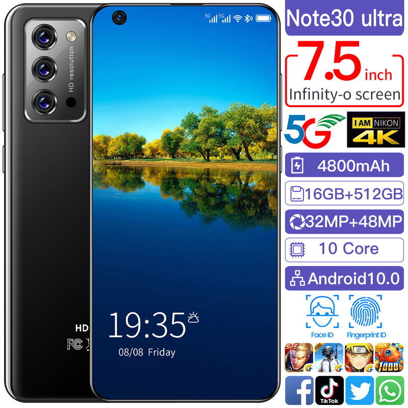 Global Versie Smart Telefoon Note30 Ultra 7.5 Inch Hd Scherm Mtk 6889 Deca Core Unlocked Nieuwste 5G Netto Werk 16Gb Ram 512Gb Rom