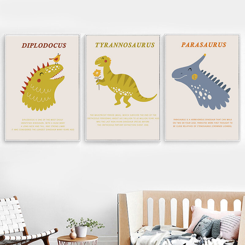 Pintura en lienzo de dinosaurio tiranosaurio, pósteres nórdicos e impresiones, imágenes de pared, decoración para habitación de niños