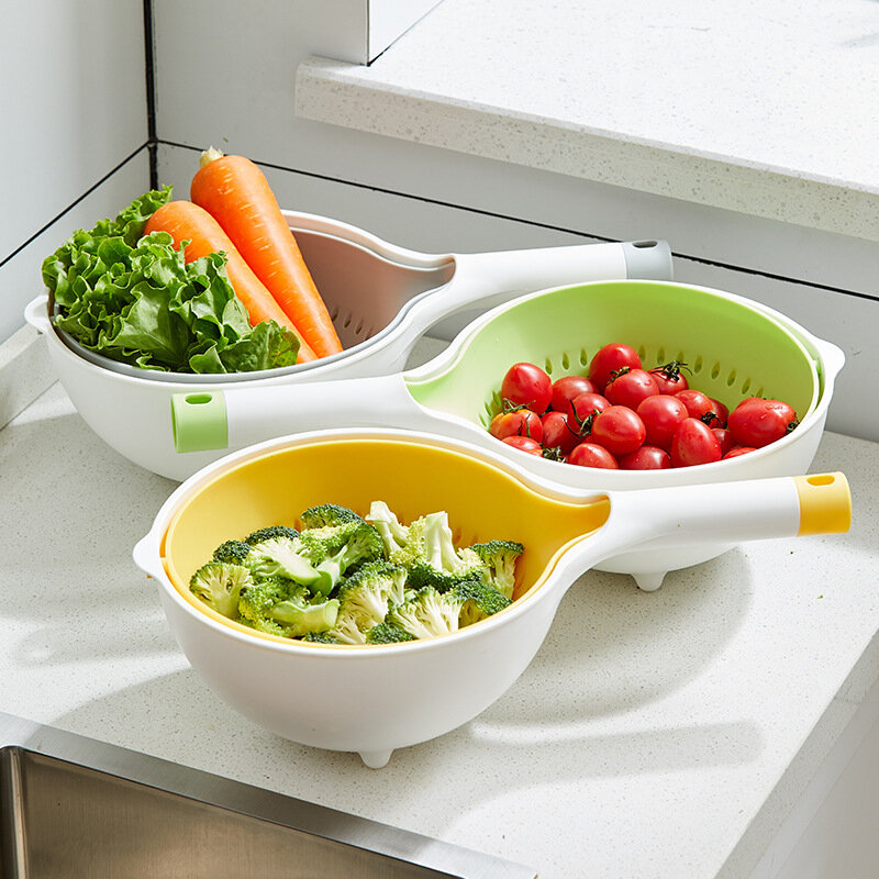 プラスチック製の二層キッチンバスケット,果物と野菜の排水管,プラスチック製の簡単な排水バスケット