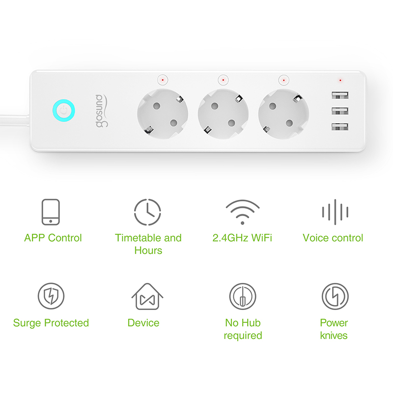 Gosund – multiprise intelligente Tuya Wifi, 3 prises ue, avec 3 ports de chargement usb, application de synchronisation, commande vocale, fonctionne avec Alexa Google