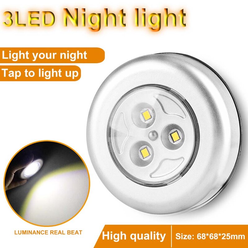 Luminária led infravermelha sem fio para armários, luz noturna com bateria, interruptor touch para escada, guarda-roupas, 3 lâmpadas led prateadas