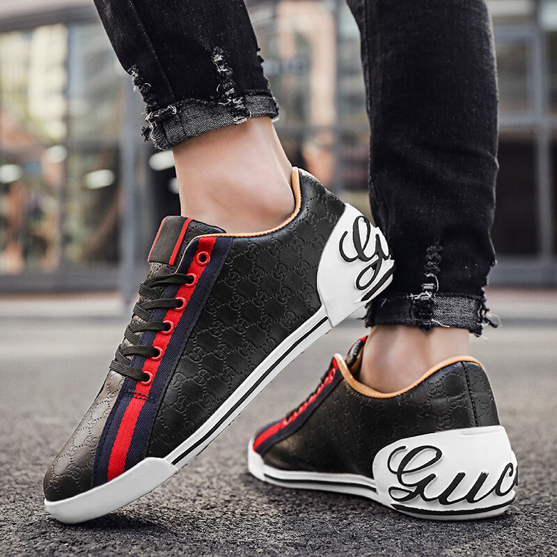 Men's Black PU Letter Printing Ribbon Decorative Lace-up Flat-heel Comfortable Fashion Casual All-match Travel Sneakers yx253