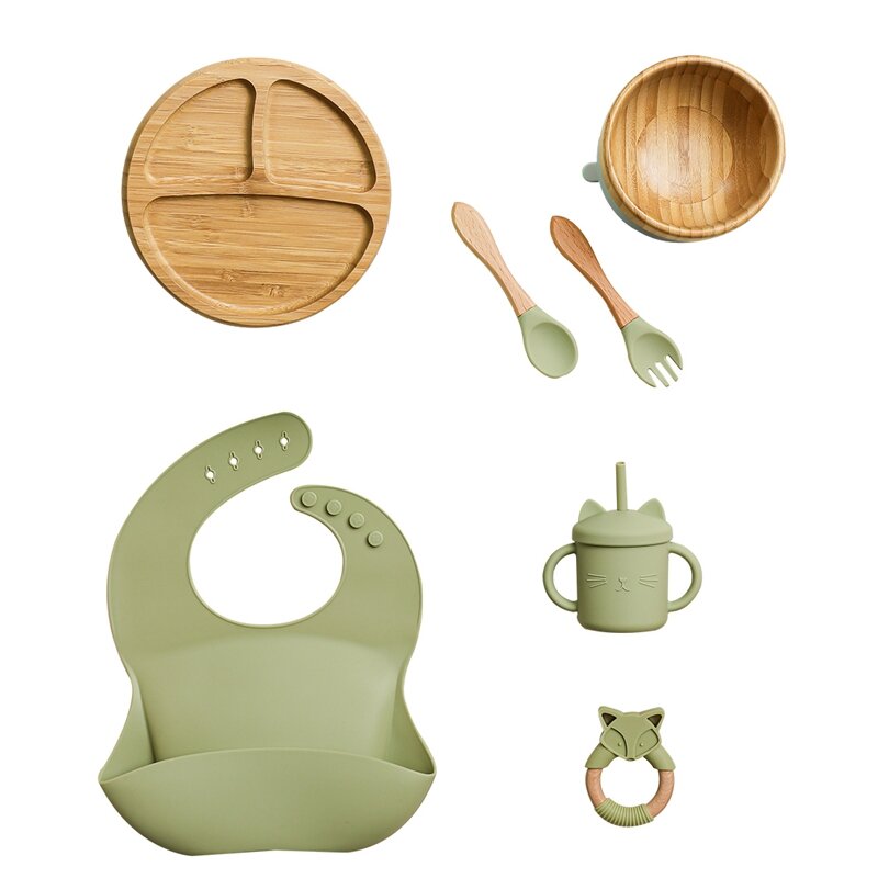 Juegos de vajilla de alimentación de madera para niños, suministros de alimentación, platos de bambú con taza de paja de silicona, juego de regalo, 7 piezas