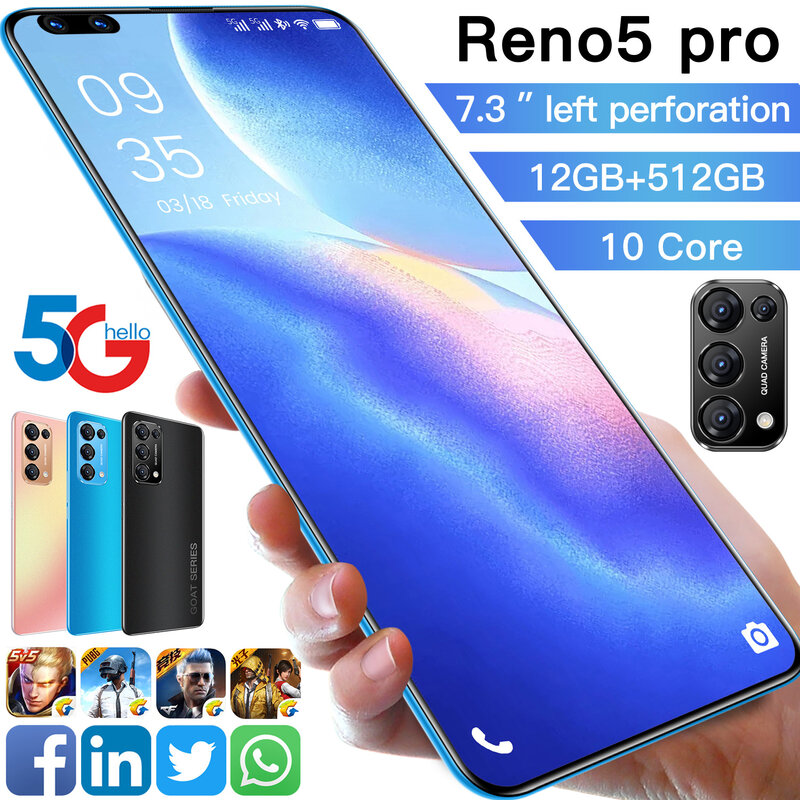 OPPI Reno5 Pro смартфонов 7,3 "MTK6797 Deca Core Dual SIM 28MP 12G Оперативная память 512G Встроенная память глобальная Версия Мобильный телефон определено
