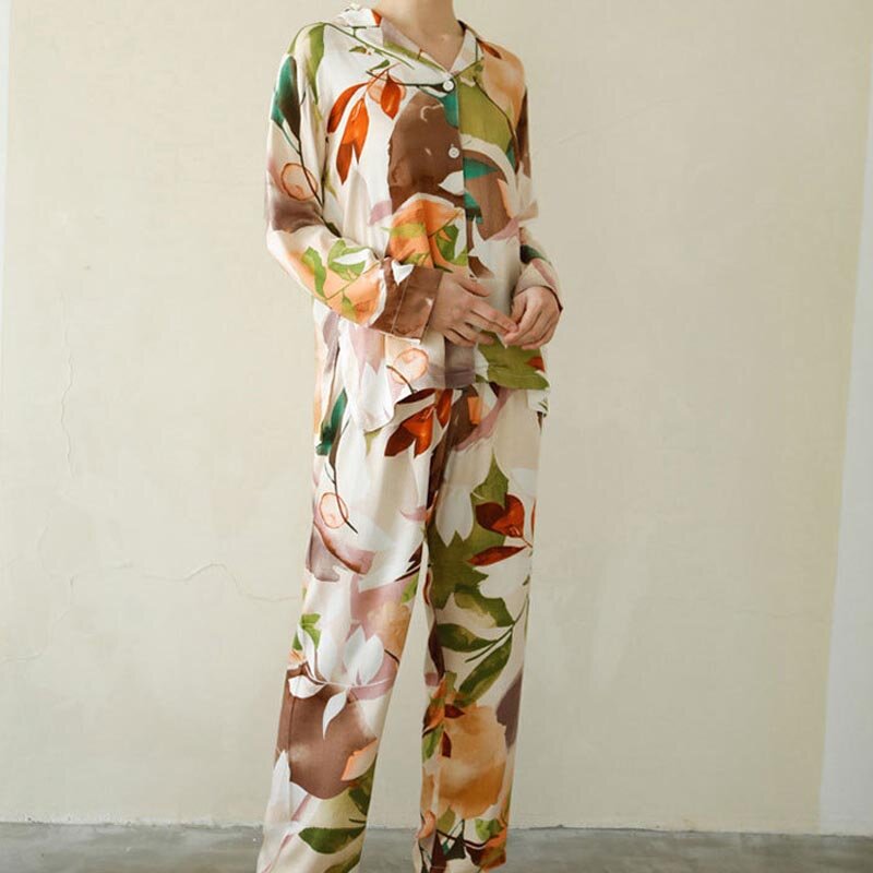 Primavera verão 2 peças conjunto de pijamas feminino folha de bordo impresso pijamas viscose senhoras conjunto de pijamas topo e calças femme casa terno